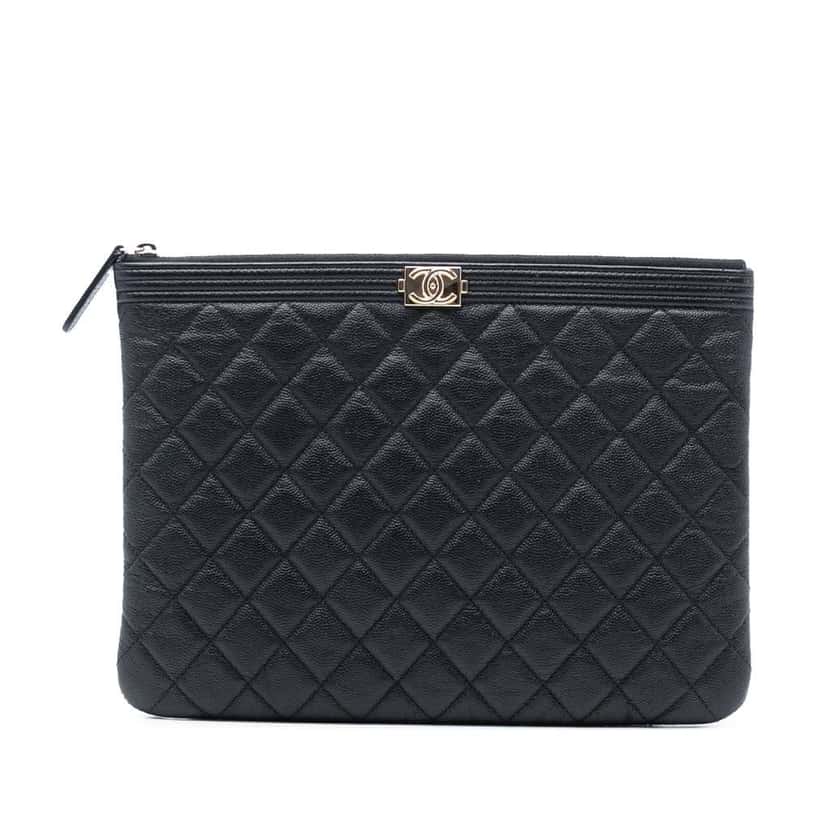 Chanel Medium Quilted Caviar Boy O Case Clutch Black Leather Good condition - Front View