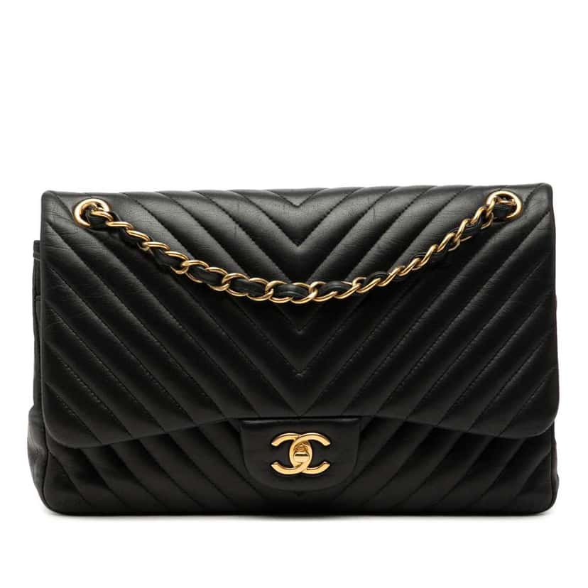 Chanel Jumbo Classic Chevron Lambskin Double Flap Black Leather Very good condition - Front View