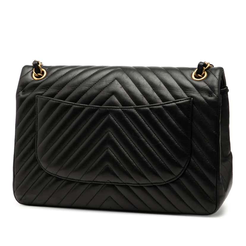 Chanel Jumbo Classic Chevron Lambskin Double Flap Black Leather Very good condition - Back View