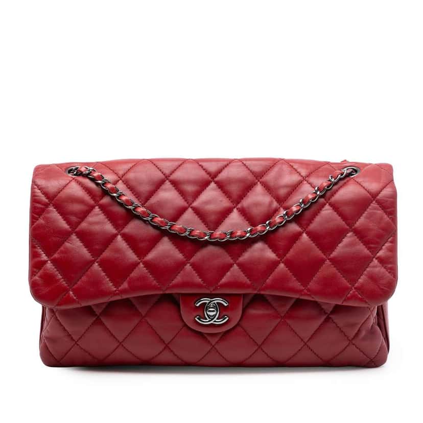 Chanel Maxi Lambskin 3 Accordion Flap Red Leather Good condition - Front View