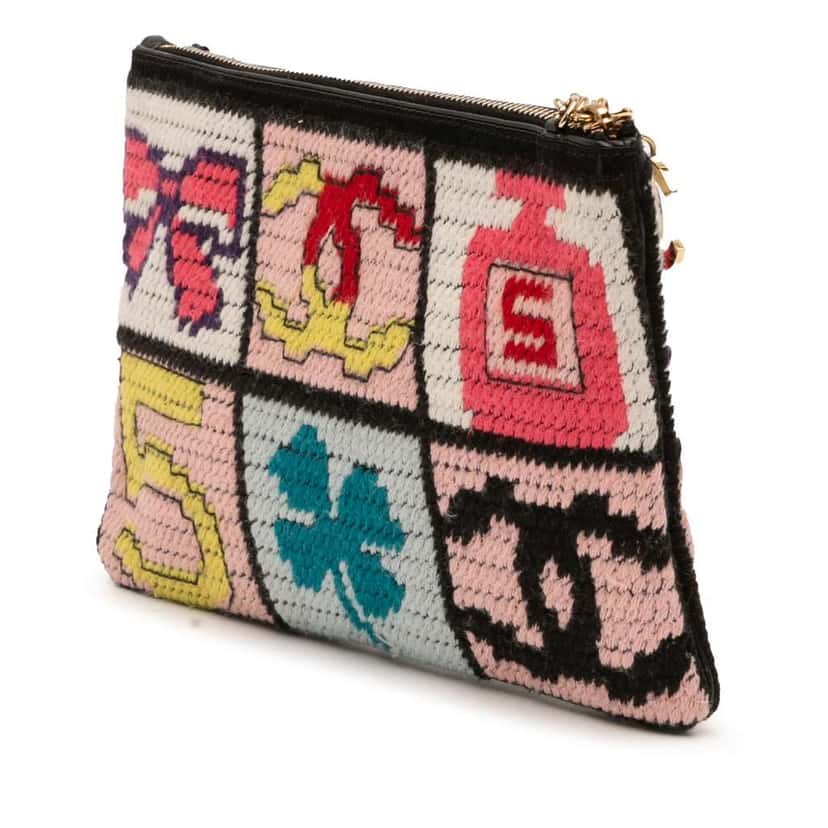 Chanel Wool Needlepoint Precious Symbols Pochette Black Wool Good condition - Back View