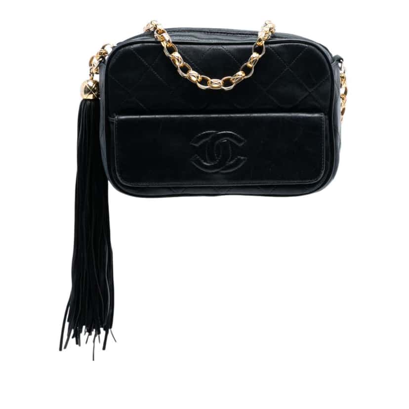 Chanel Mini CC Quilted Lambskin Tassel Camera Bag Black Leather Good condition - Front View
