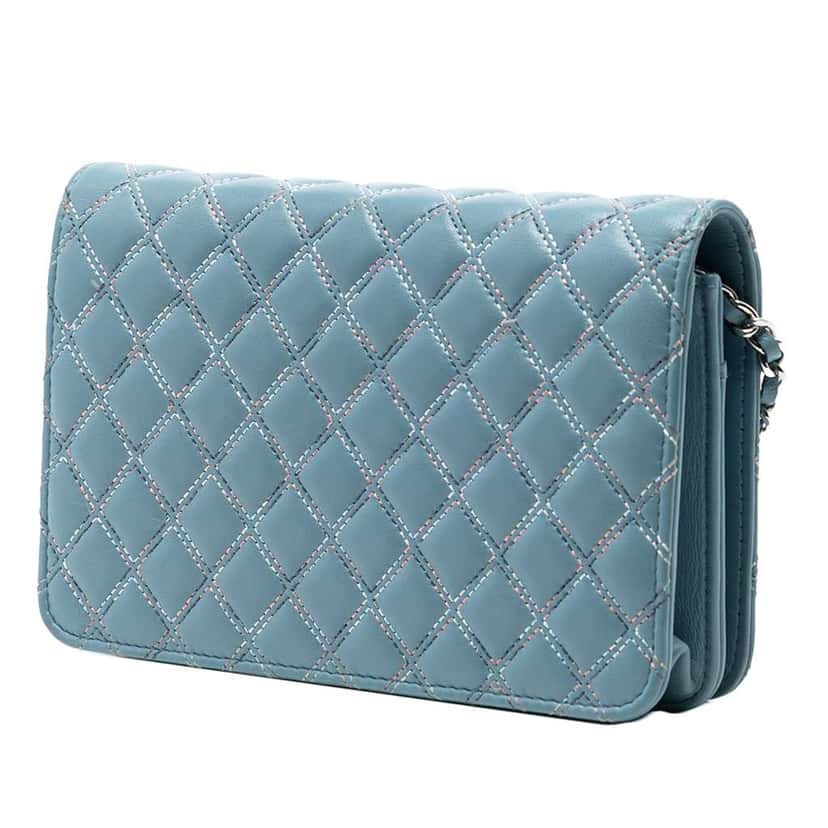 Chanel CC Quilted Lambskin Double Stitch Wallet On Chain Blue Leather Good condition - Back View