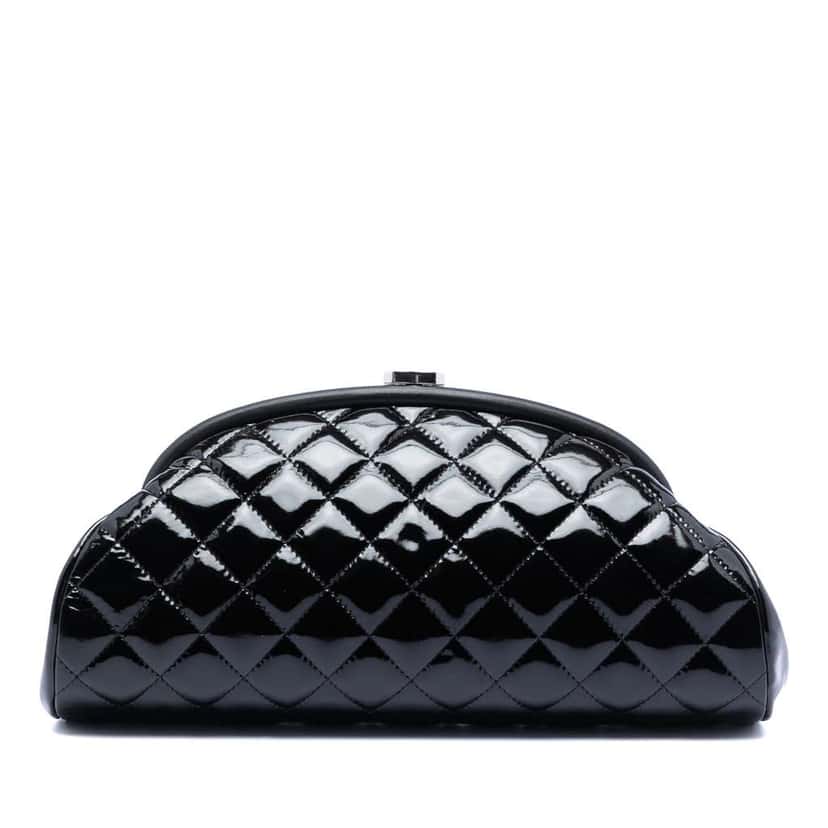 Chanel CC Quilted Patent Kiss Lock Clutch Black Leather Good condition - Front View