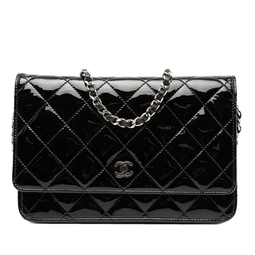 Chanel CC Quilted Patent Wallet On Chain Black Leather Good condition - Front View