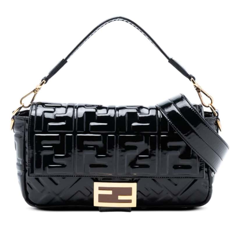 Fendi Medium Zucca Embossed Patent Baguette Satchel Black Leather Good condition - Front View