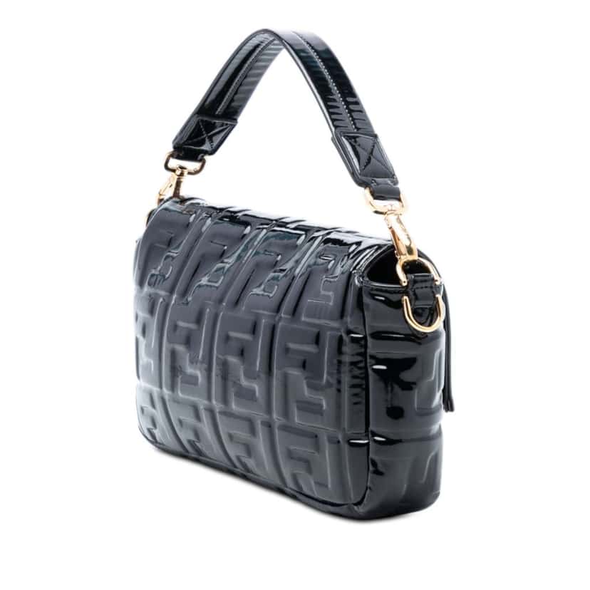 Fendi Medium Zucca Embossed Patent Baguette Satchel Black Leather Good condition - Back View
