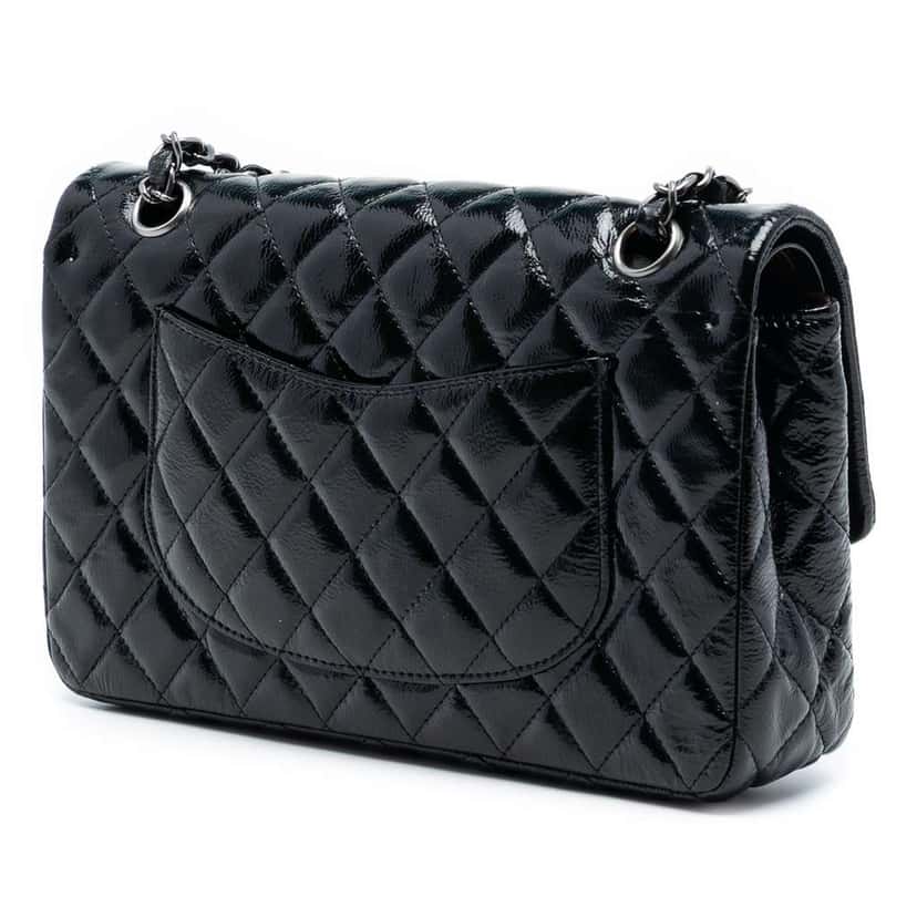 Chanel Medium Classic Distressed Patent Double Flap Black Leather Very good condition - Back View