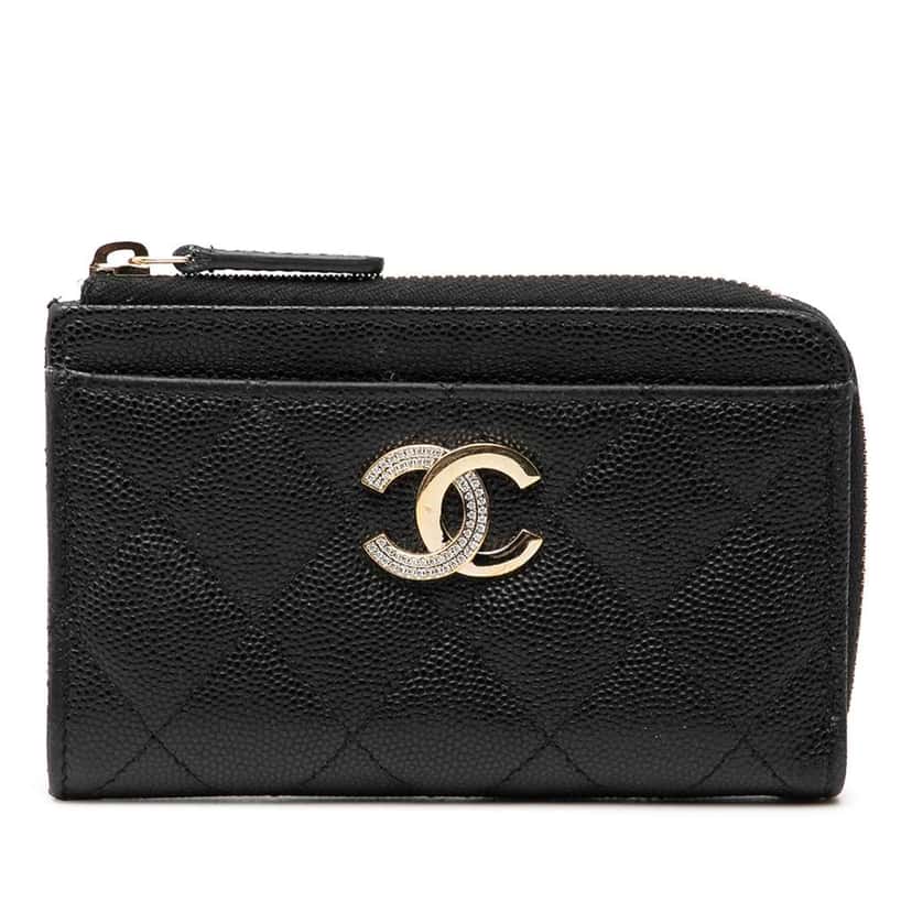 Chanel CC Quilted Caviar Zip Around Coin and Card Holder Black Leather Good condition - Front View