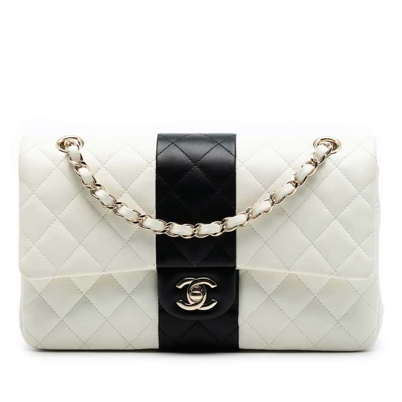 Chanel Medium Classic Bi Stripe Lambskin Double Flap White Leather Good condition - Front View