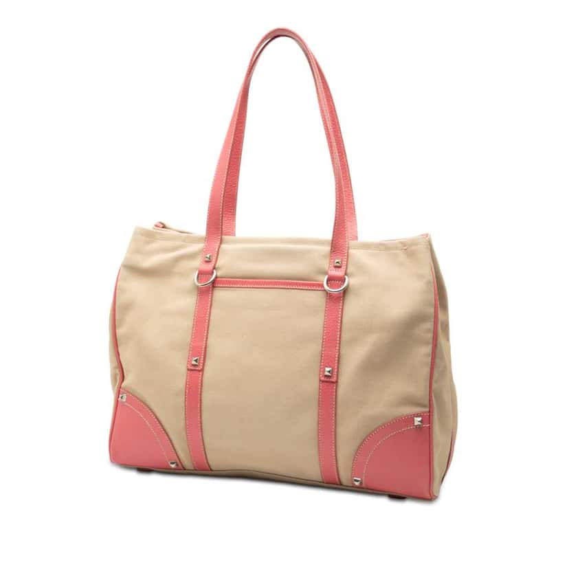 Prada Studded Leather Trimmed Canvas Front Pocket Tote Brown Canvas Very good condition - Back View