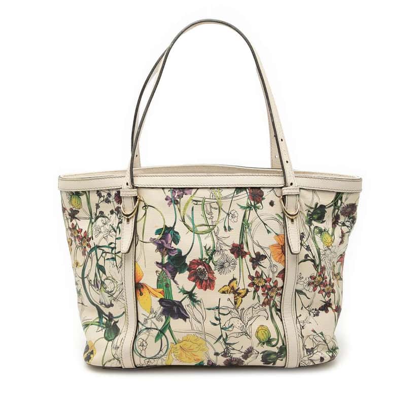 Gucci Small Leather Flora Nice Tote White Leather Good condition - Front View