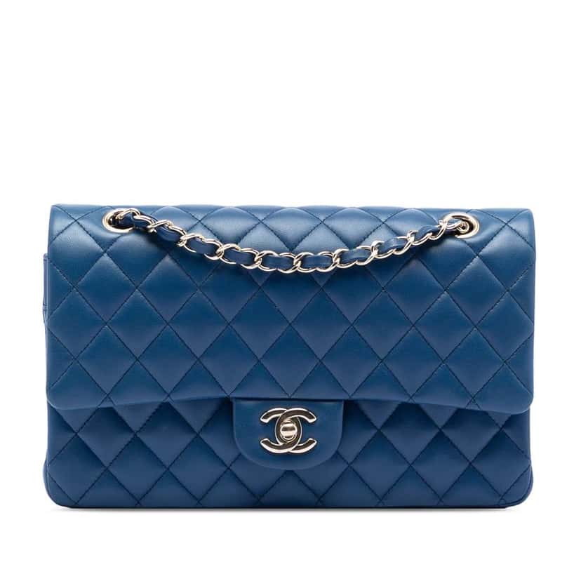 Chanel Medium Classic Lambskin Double Flap Blue Leather Good condition - Front View