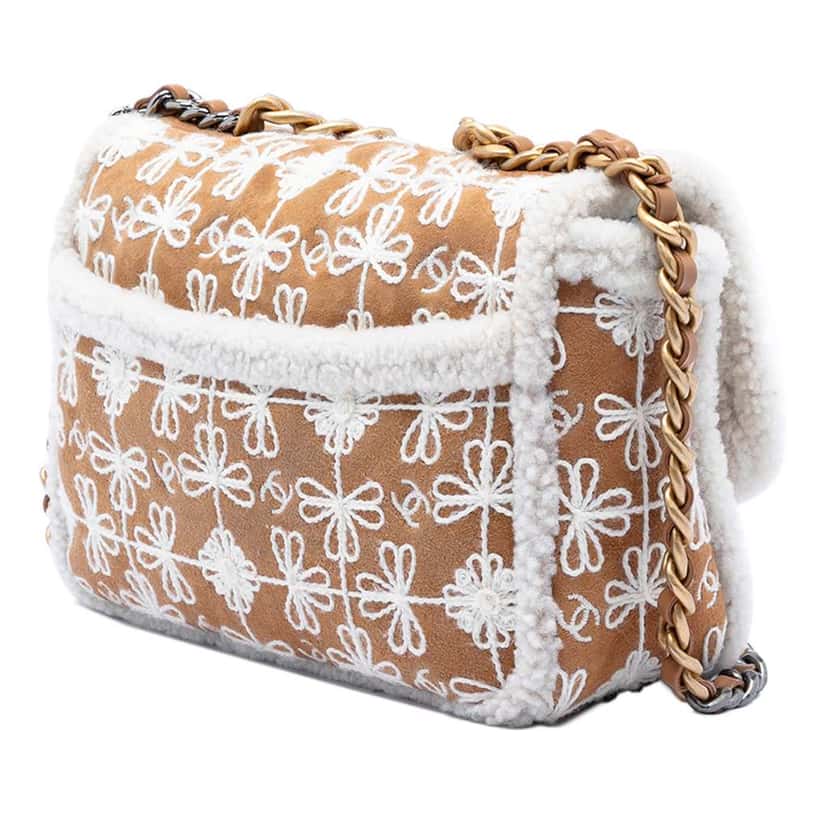 Chanel Medium Embroidered Suede 19 Flap with Shearling Trim Brown Leather Very good condition - Back View