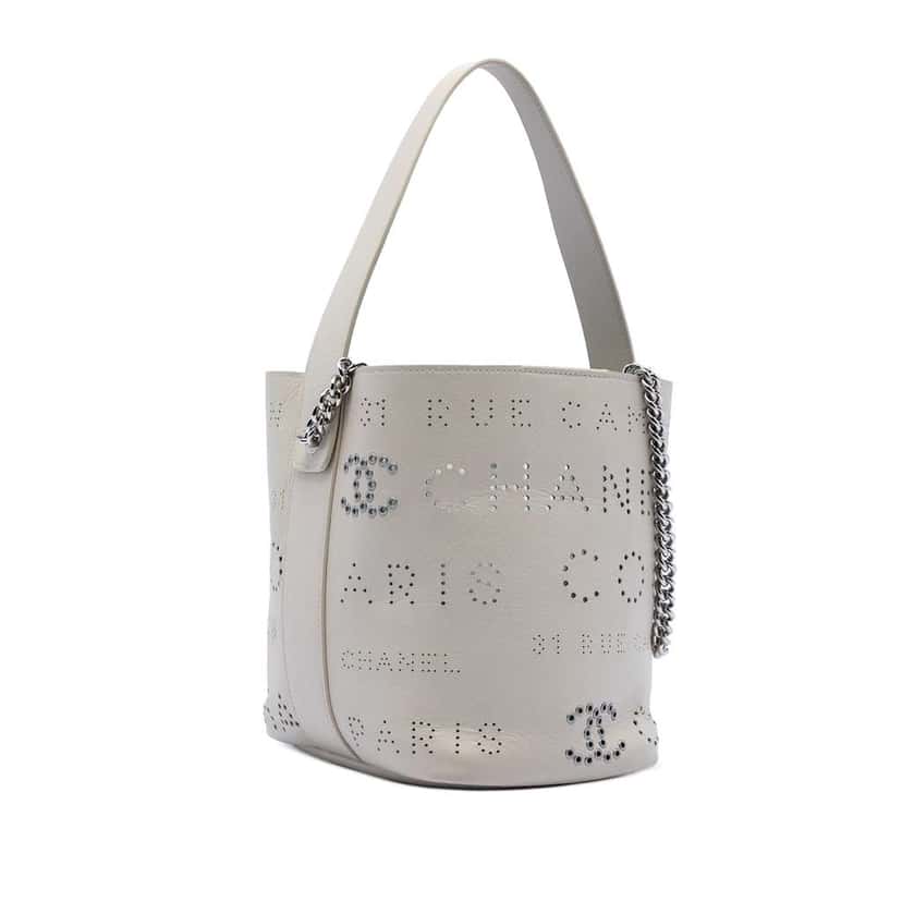 Chanel Small Perforated Calfskin Logo Eyelet Bucket Bag White Leather Very good condition - Back View