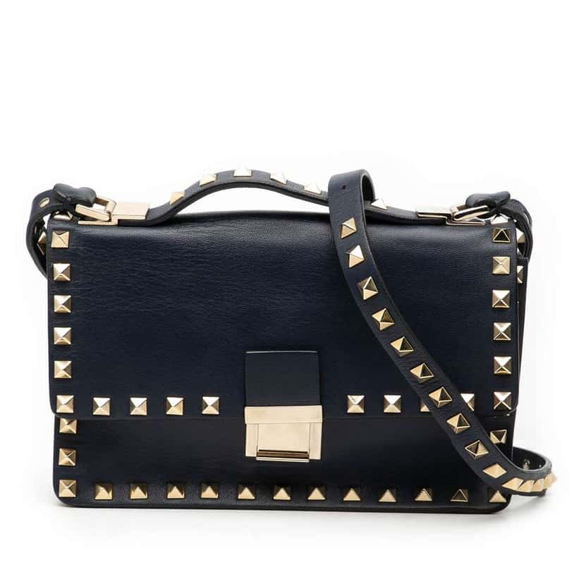 Valentino Leather Rockstud Flap Satchel Blue Leather Good condition - Front View