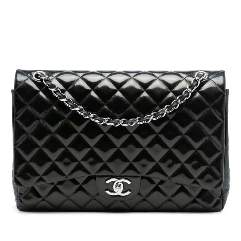 Chanel Maxi Classic Striped Patent Double Flap Black Leather Very good condition - Front View