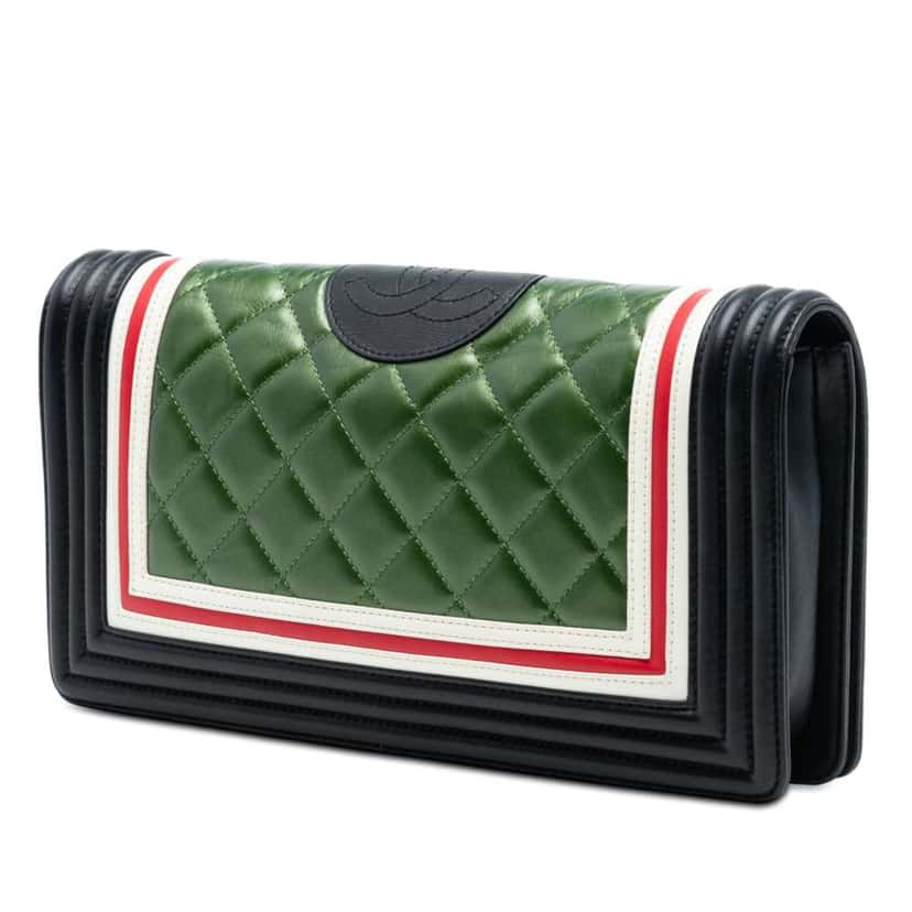 Chanel Old Medium Multicolor Quilted Lambskin Crest Boy Flap Green Leather Good condition - Back View