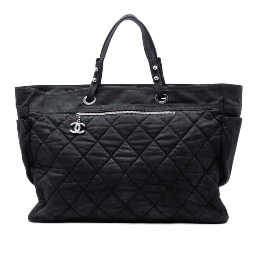 Chanel XL Quilted Coated Canvas Paris Biarritz Tote Black Canvas Very good condition - Front View