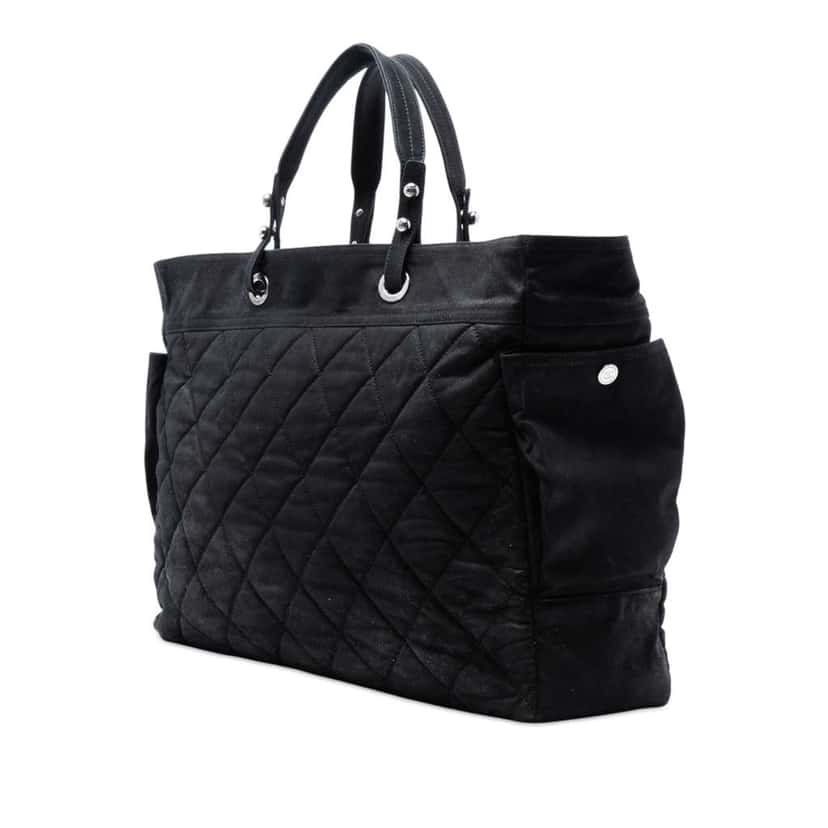 Chanel XL Quilted Coated Canvas Paris Biarritz Tote Black Canvas Very good condition - Back View