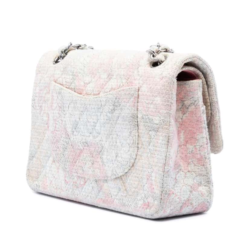 Chanel Medium Classic Tweed Camellia Double Flap Pink Tweed Very good condition - Back View