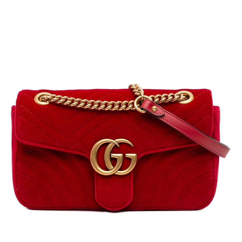 Gucci Medium GG Marmont Matelasse Velvet Shoulder Bag Red Velvet Good condition - Front View