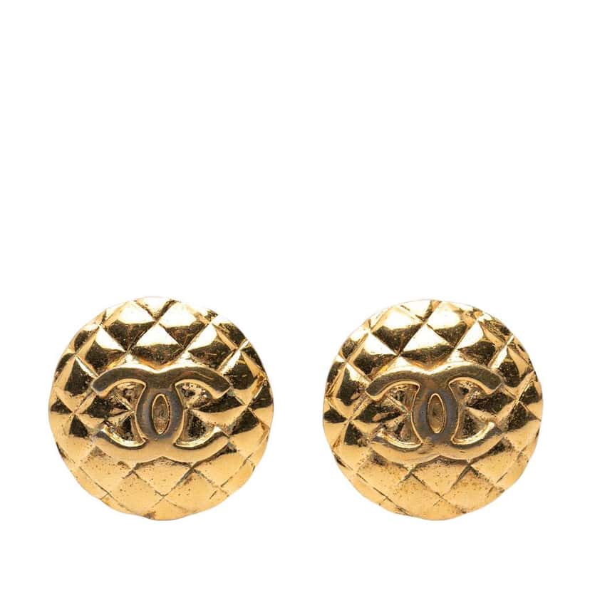 Chanel CC Quilted Gold Plated Round Clip on Earrings Gold Metal Very good condition - Front View