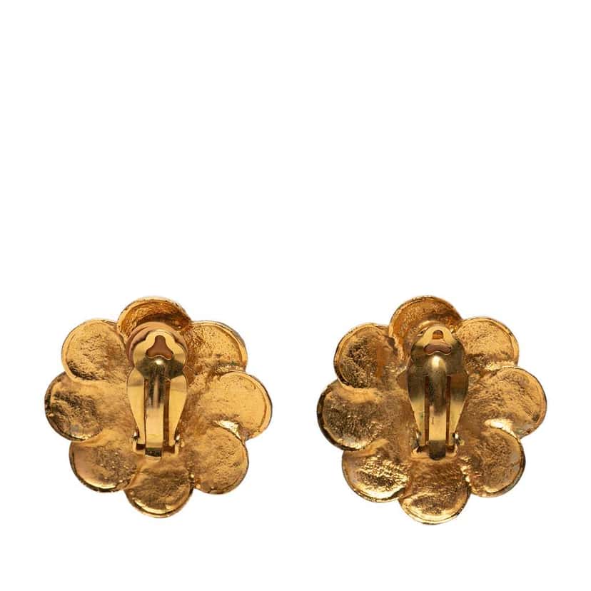 Chanel Gold Plated CC Faux Pearl Flower Clip On Earrings Gold Metal Good condition - Back View