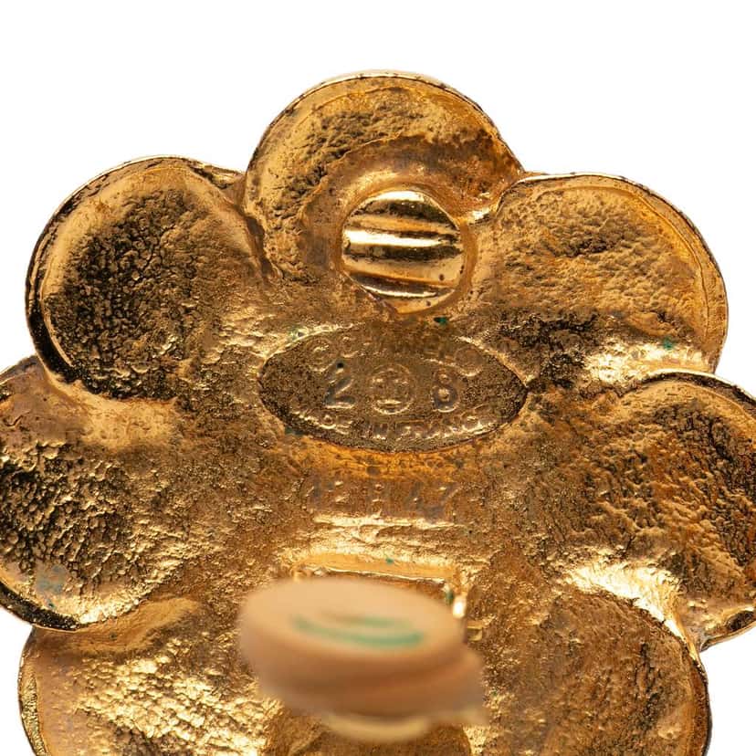 Chanel Gold Plated CC Faux Pearl Flower Clip On Earrings Gold Metal Good condition - Inside View