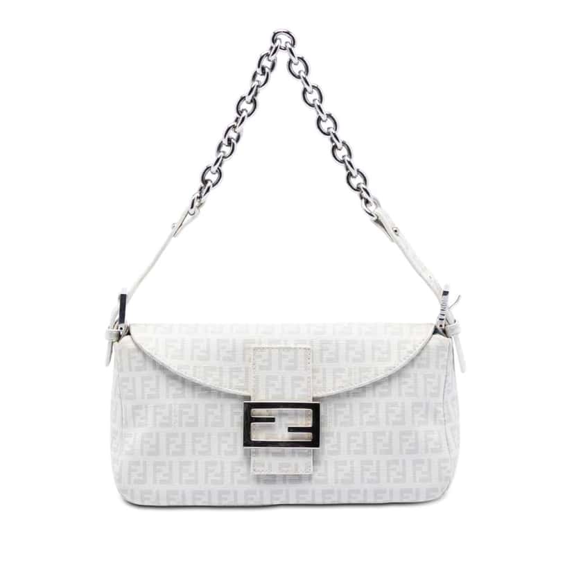 Fendi Zucchino Spalmati Double Flap Chain Shoulder Bag White Canvas Very good condition - Front View