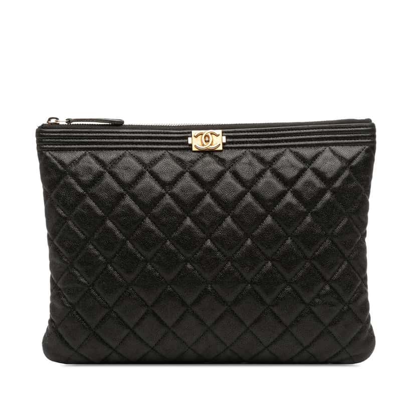 Chanel Medium Quilted Caviar Boy O Case Clutch Black Leather Very good condition - Front View