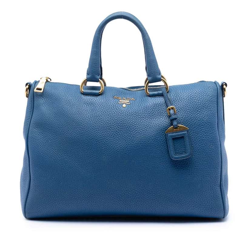 Prada Vitello Daino Zip Top Satchel Blue Leather Very good condition - Front View