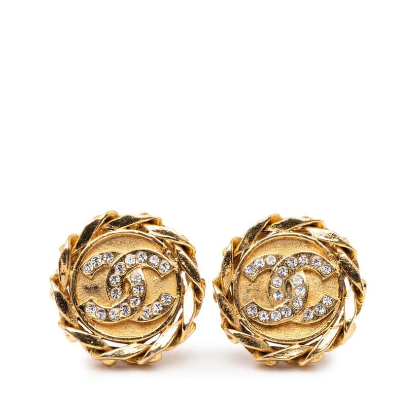 Chanel CC Gold Plated Rhinestone Round Clip On Earrings Gold Metal Good condition - Front View
