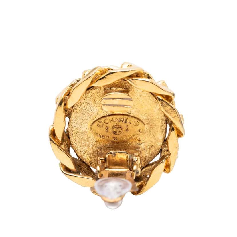 Chanel CC Gold Plated Rhinestone Round Clip On Earrings Gold Metal Good condition - Inside View