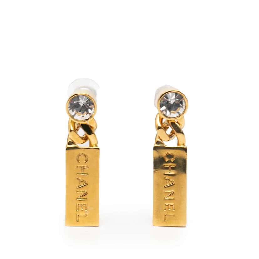 Chanel Gold Plated Rhinestone Tag Drop Push Back Earrings Gold Metal Good condition - Front View