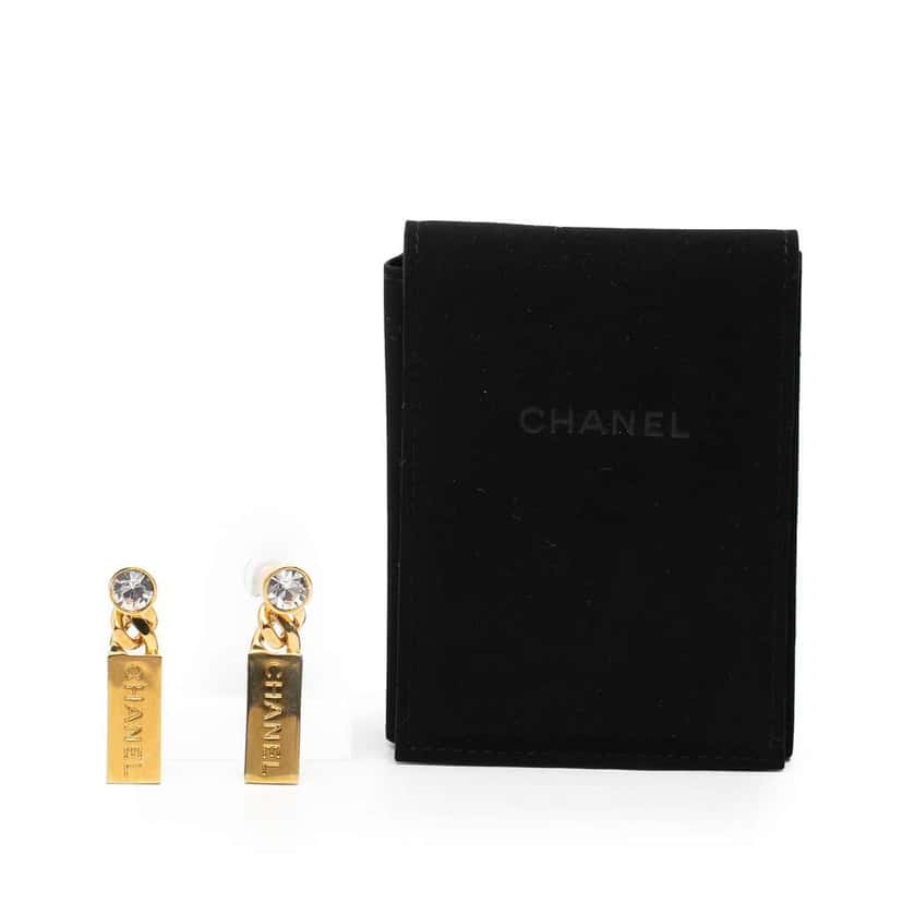 Chanel Gold Plated Rhinestone Tag Drop Push Back Earrings Gold Metal Good condition - Model View