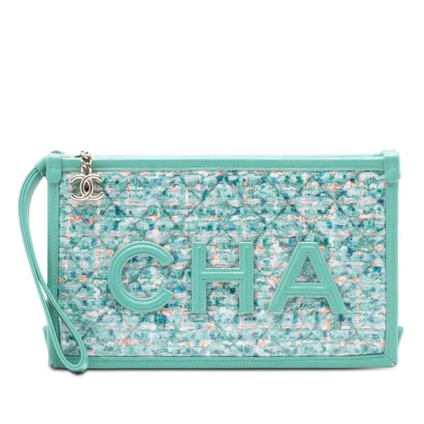 Chanel Tweed PVC Logo Clutch Blue Tweed Good condition - Front View