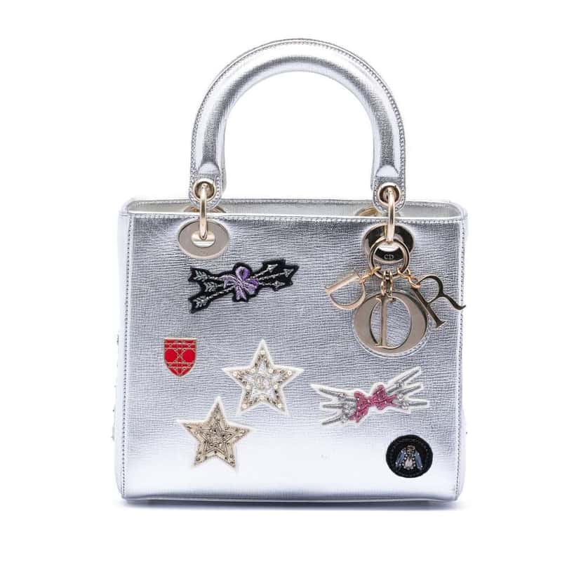 Dior Medium Calfskin Patch Embellished Lady Dior Silver Leather Very good condition - Front View