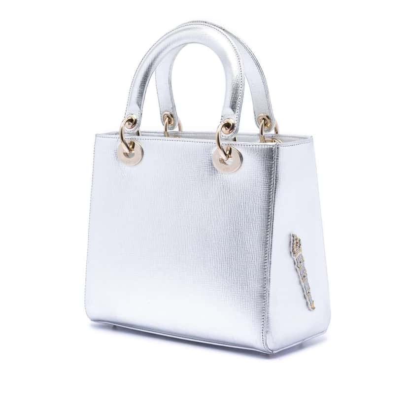 Dior Medium Calfskin Patch Embellished Lady Dior Silver Leather Very good condition - Back View