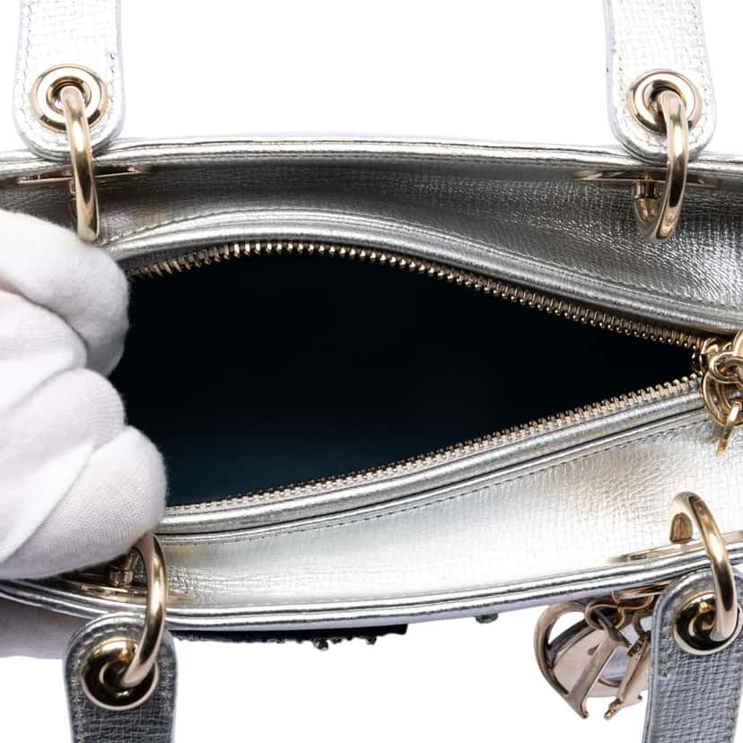 Dior Medium Calfskin Patch Embellished Lady Dior Silver Leather Very good condition - Model View