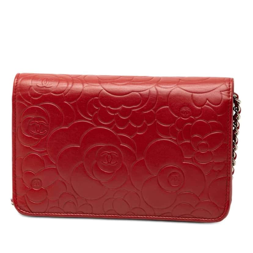 Chanel CC Embossed Lambskin Camellia Wallet On Chain Red Leather Very good condition - Back View