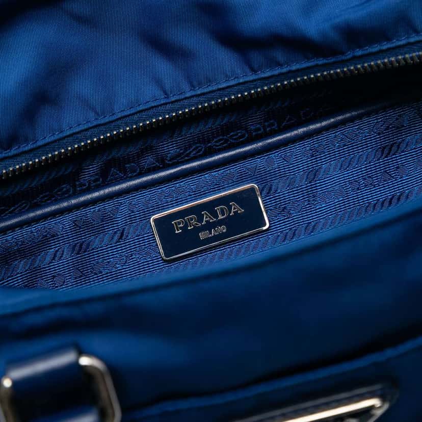 Prada Vitello Trimmed Tessuto Satchel Blue Very good condition - Box View