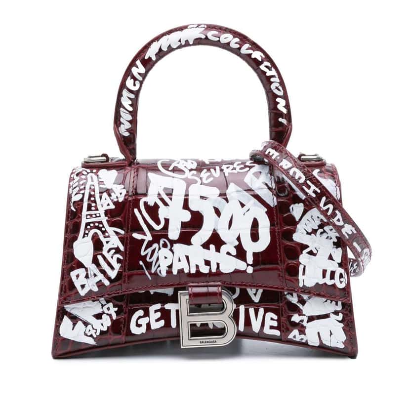 Balenciaga XS Croc Embossed Calfskin Graffiti Hourglass Top Handle Bag Red Leather Good condition - Front View