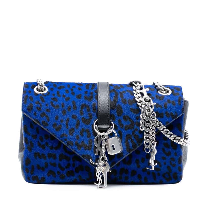 Saint Laurent Pony Hair Leopard Print College Bag Blue Very good condition - Front View
