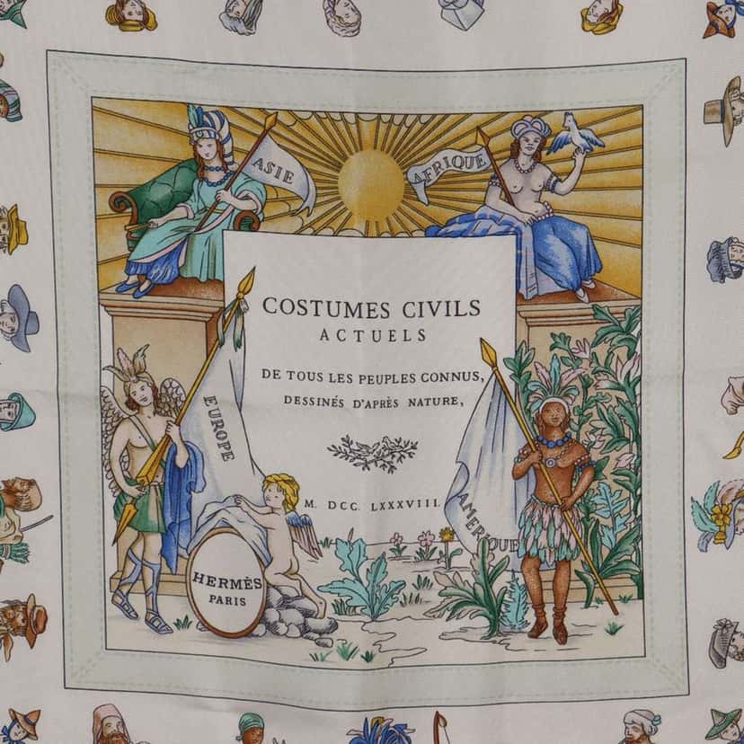 Hermès Costumes Civils Actuels Silk Scarf 90 White Silk Very good condition - Back View