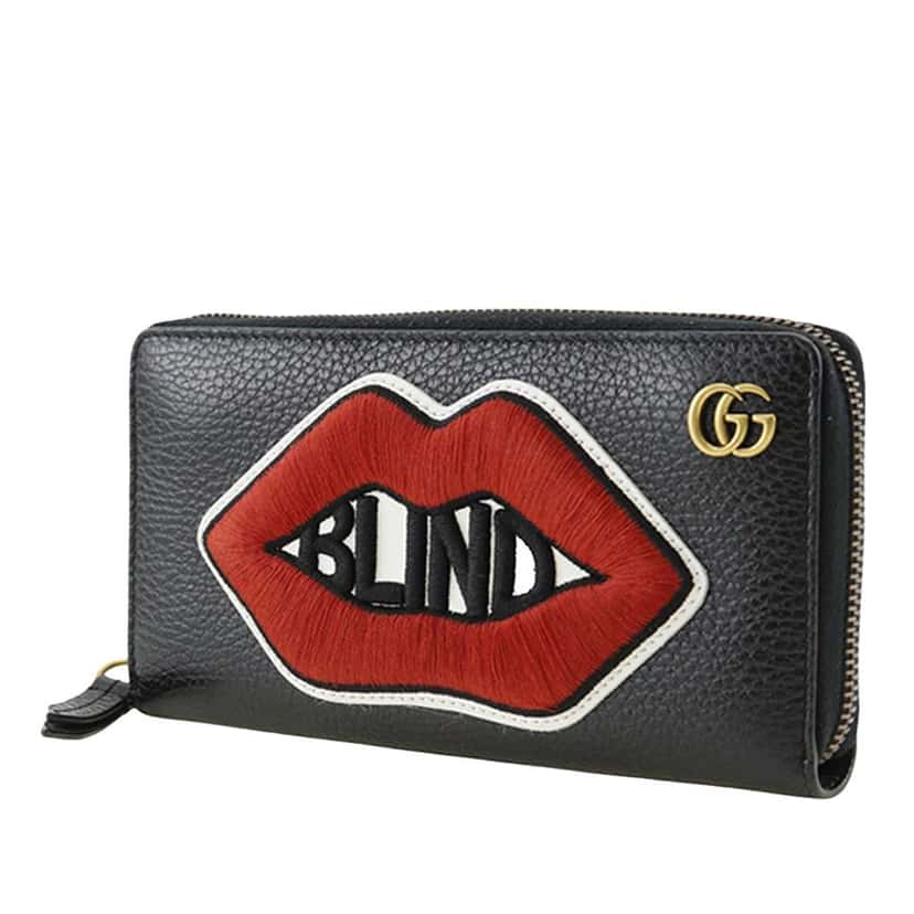 Gucci GG Marmont Pebbled Calfskin Embroidered Blind For Love Zip Around Wallet Black Leather Very good condition - Back View