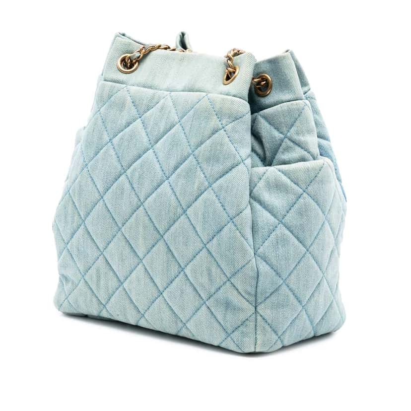 Chanel Quilted Denim Urban Spirit Bucket Bag Blue Denim Good condition - Back View