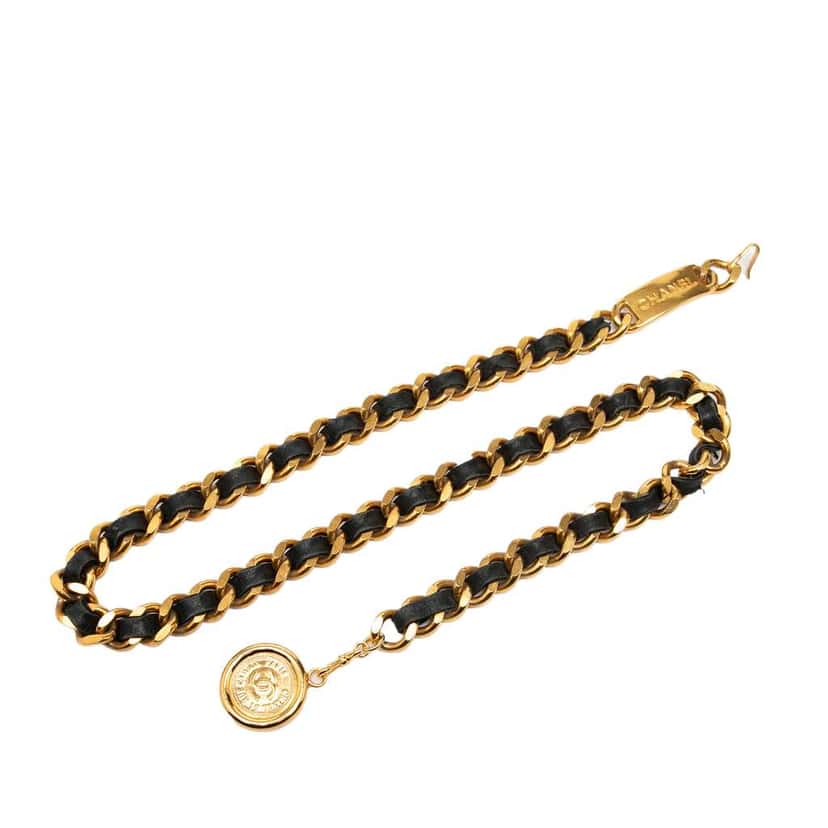 Chanel Gold Plated Leather Woven Medallion Chain Belt Gold Metal Good condition - Front View
