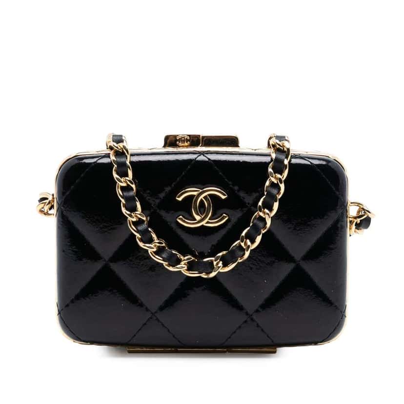 Chanel Small Glazed Goatskin Box With Chain Black Leather Very good condition - Front View
