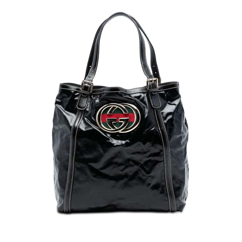 Gucci Patent Dialux Britt Web Tote Black Leather Very good condition - Front View